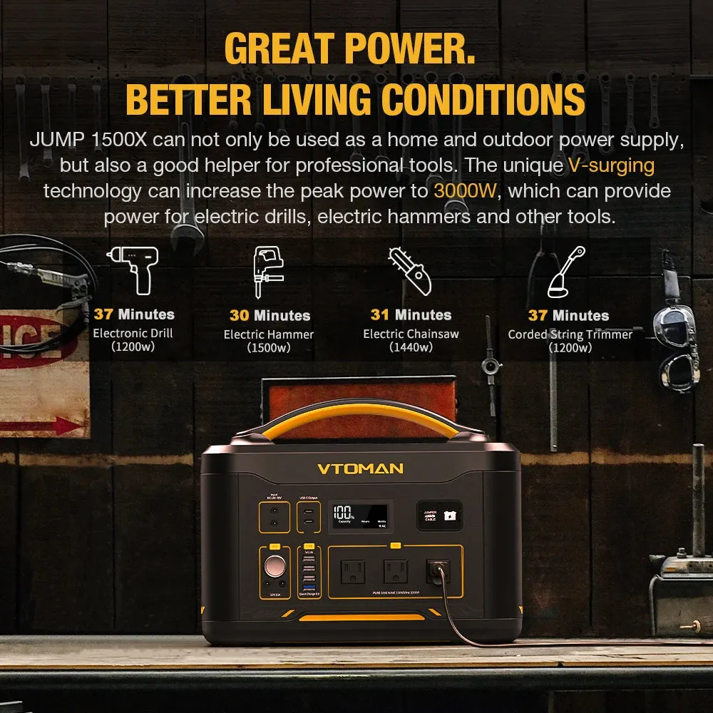 VTOMAN JUMP 1500X Portable Power Station Camping LiFePO4 Battery 828Wh 1500W AC Outlets Solar Generator For Home RV Outdoor