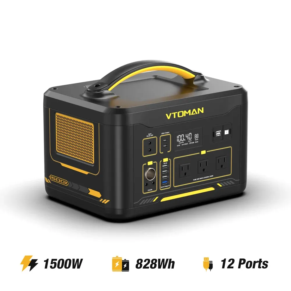 VTOMAN JUMP 1500X Portable Power Station Camping LiFePO4 Battery 828Wh 1500W AC Outlets Solar Generator For Home RV Outdoor