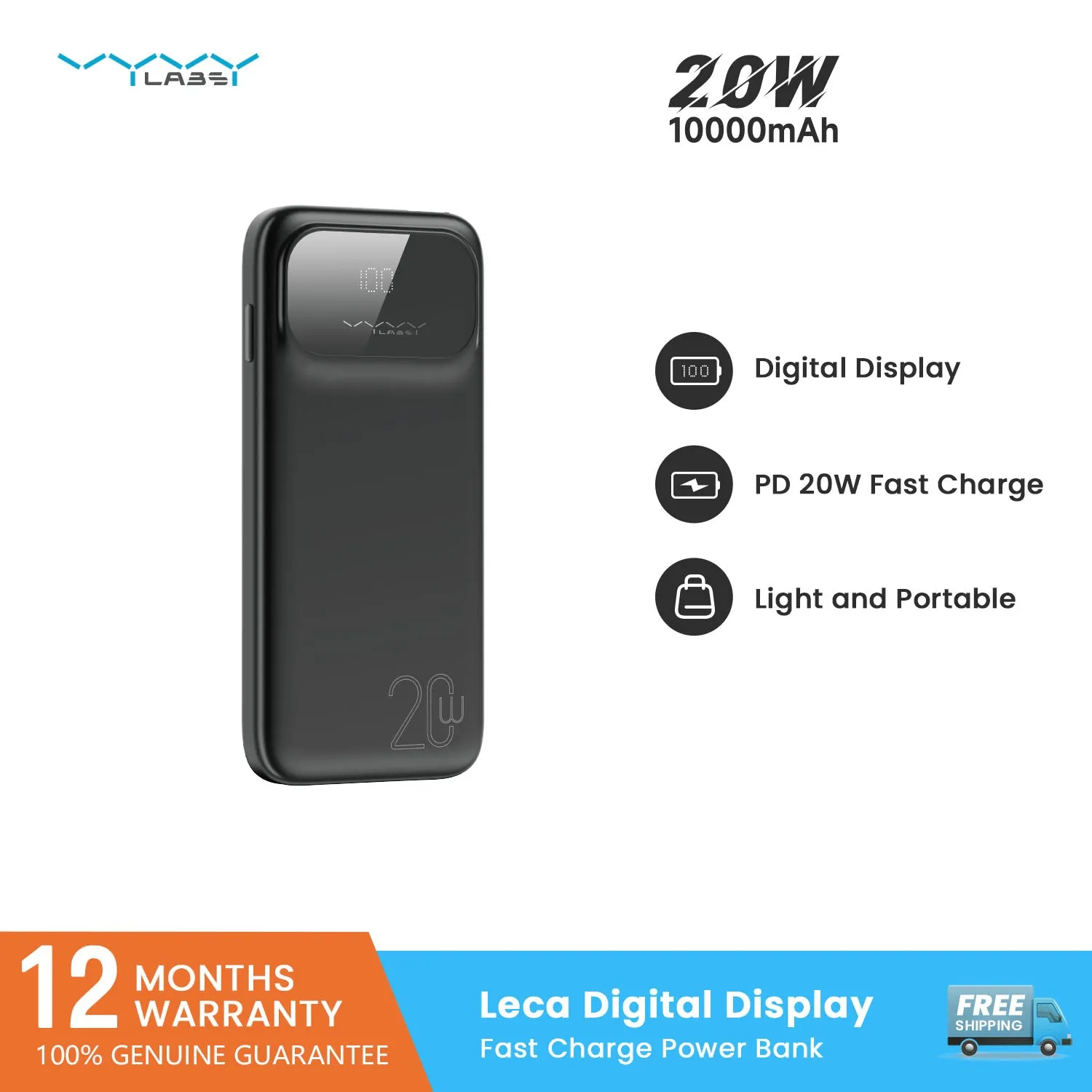 Vyvylabs Leca Digital Display Fast Charge Power Bank 10000mAh 20W - White