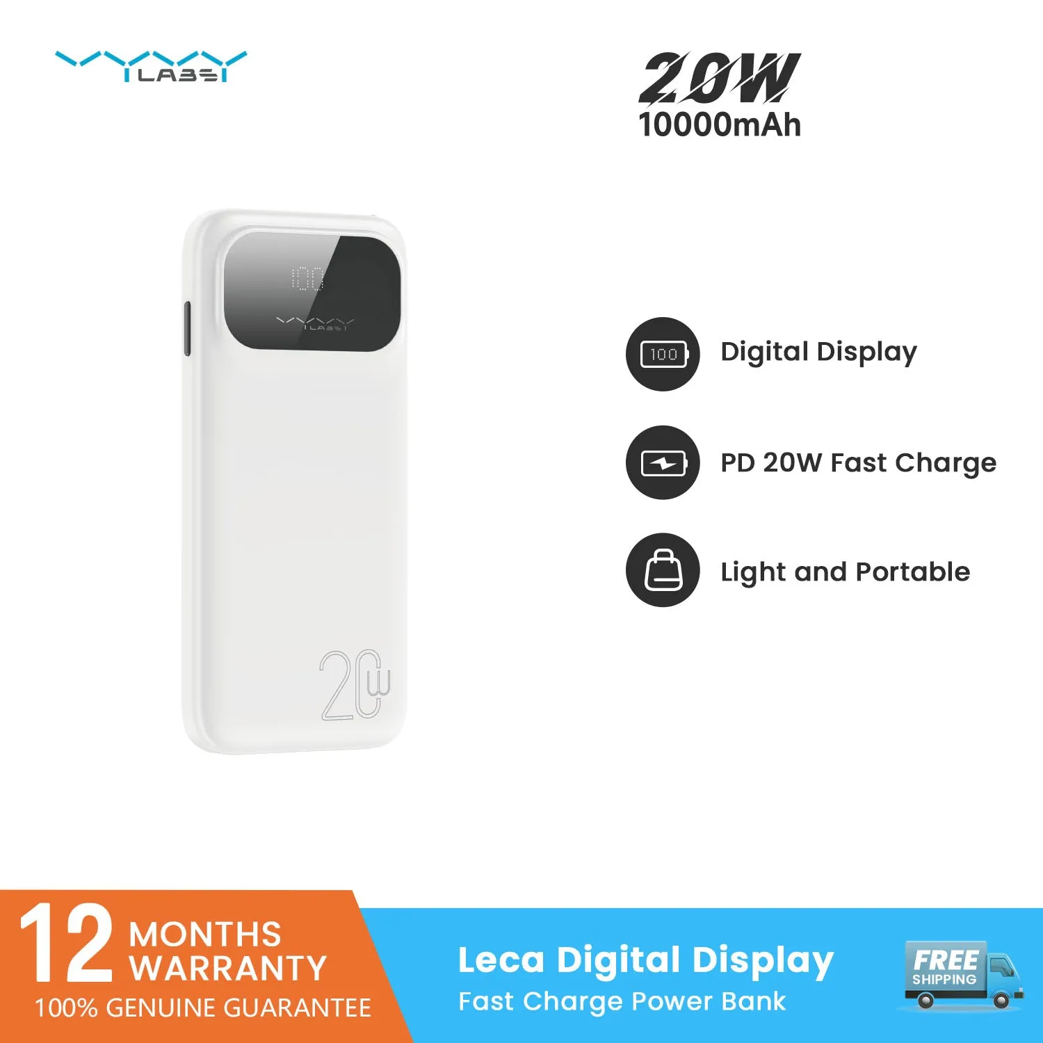 Vyvylabs Leca Digital Display Fast Charge Power Bank 10000mAh 20W - White