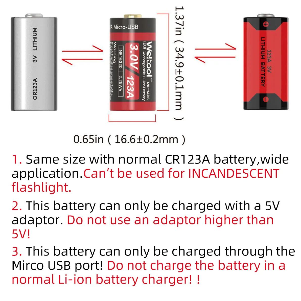 Weltool UB-123A 3.0V USB Rechargeable Li-ion Battery