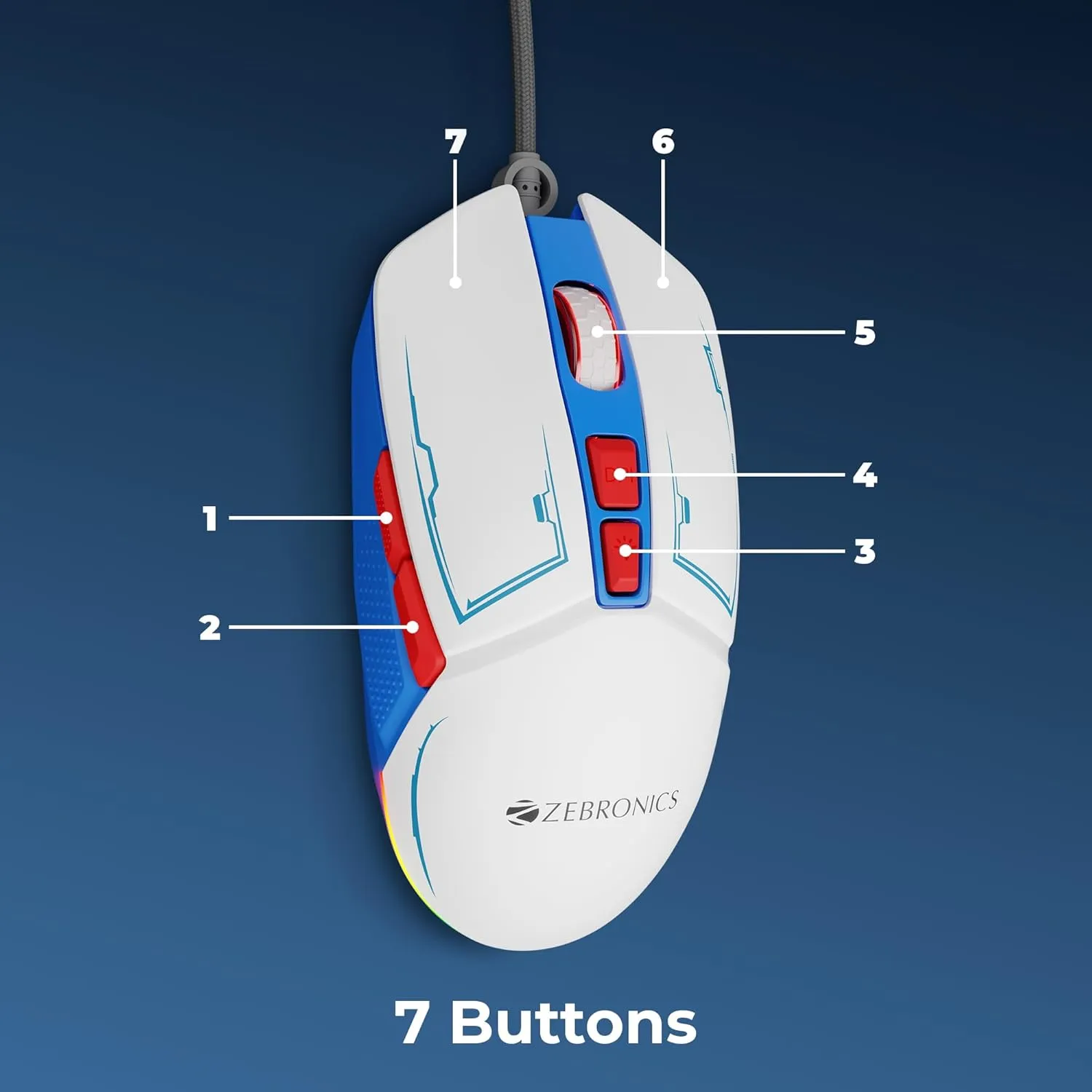 ZEBRONICS Astro Premium Gaming Mouse with Upto 7200 DPI, 7 Buttons, Braided Cable, High Resolution, Windows Software with RGB LED Light